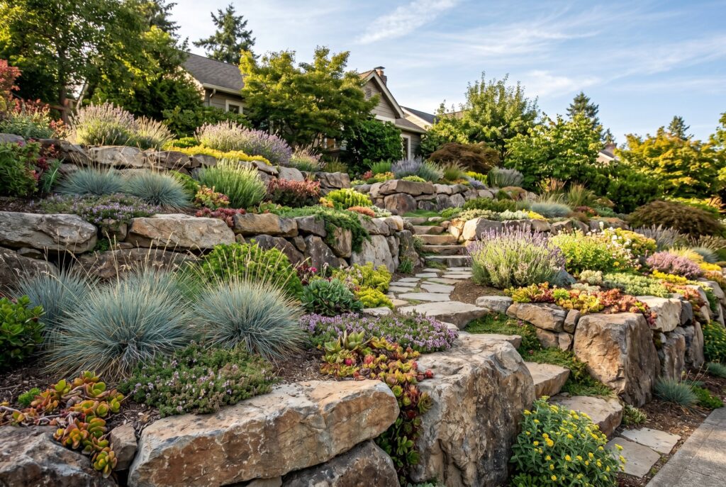 Terraced boulder landscaping on sloped front yard with drought tolerant garden beds.