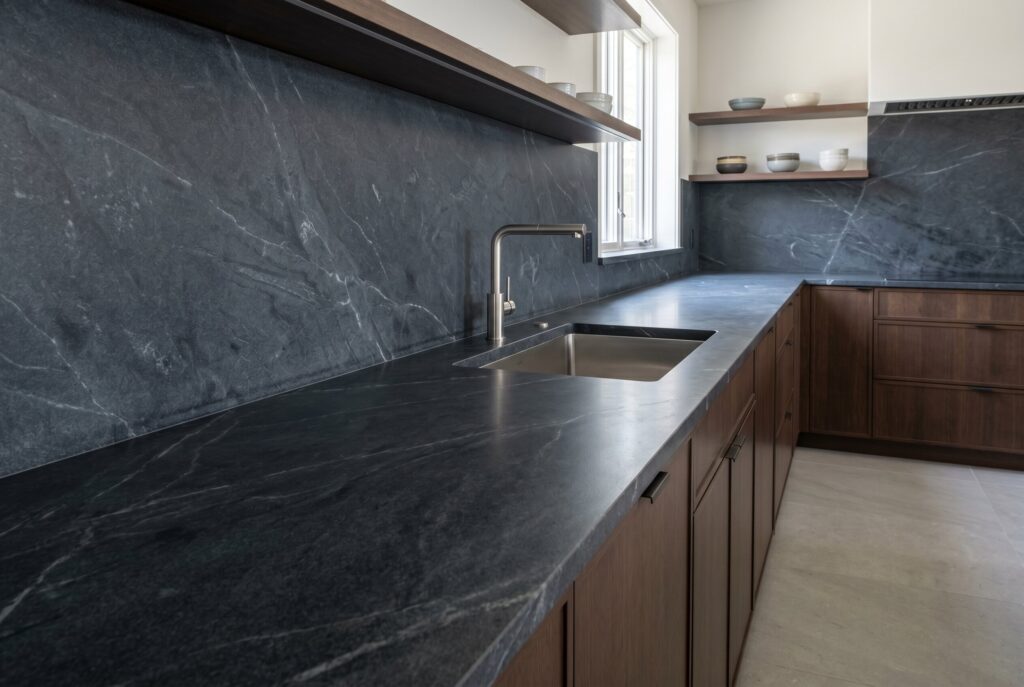 Soapstone countertop and backsplash with integrated sink and walnut cabinetry.