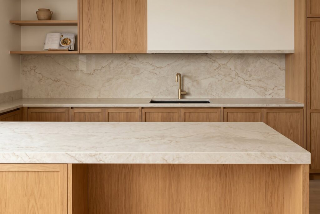 Warm oak kitchen with honed marble look quartz countertops and matching backsplash.