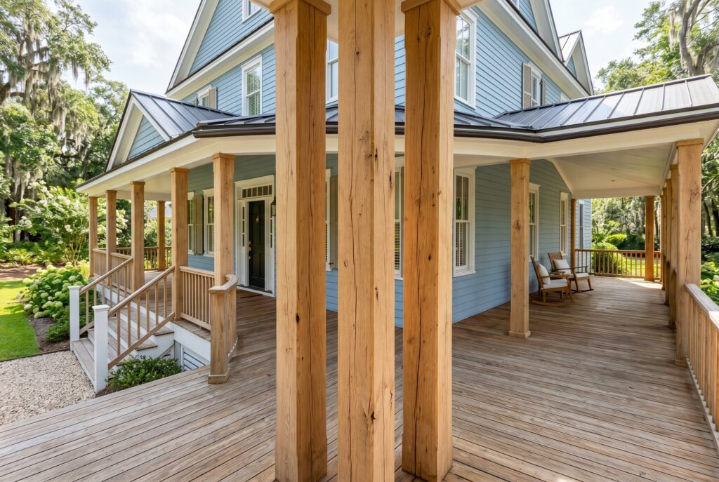 Minimalist unfinished oak columns supporting spacious wrap around porch with wood decking. 
