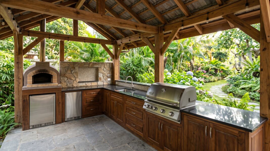 Covered outdoor kitchen beneath timber pavilion with grill, pizza oven, and stone countertops.