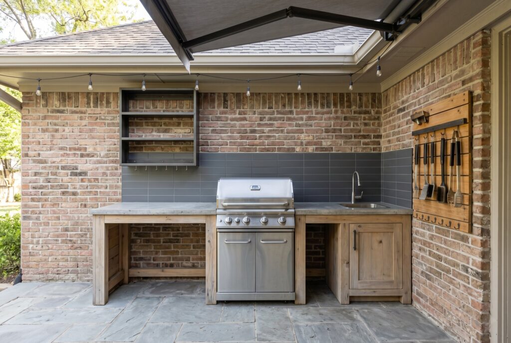 Covered California room with dining table, outdoor lounge, and integrated kitchen counter. 
