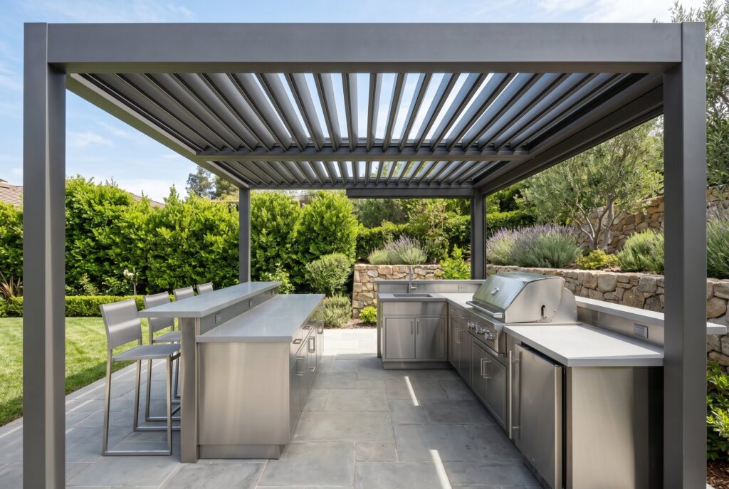 Modern louvered pergola outdoor kitchen with stainless cabinetry and parallel bar seating. 