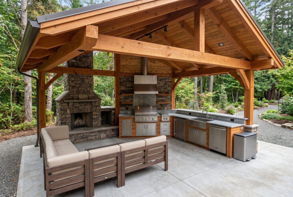Pavilion outdoor kitchen with cedar beams, fireplace, vent hood, and L shaped cooking station. 