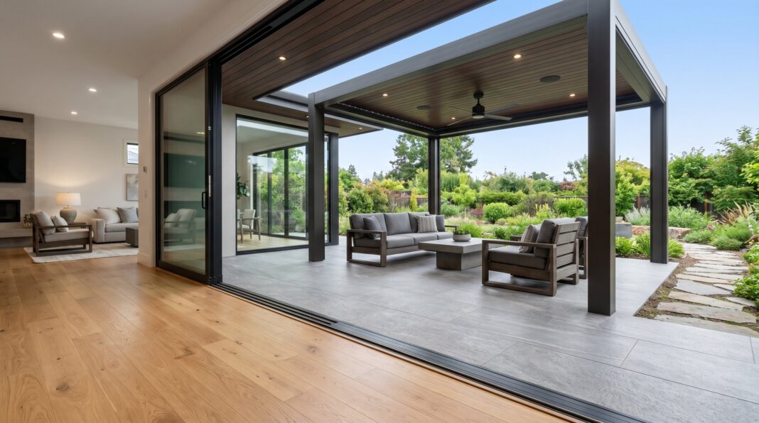 Modern covered patio with black steel structure, lounge seating, and seamless indoor outdoor living.
