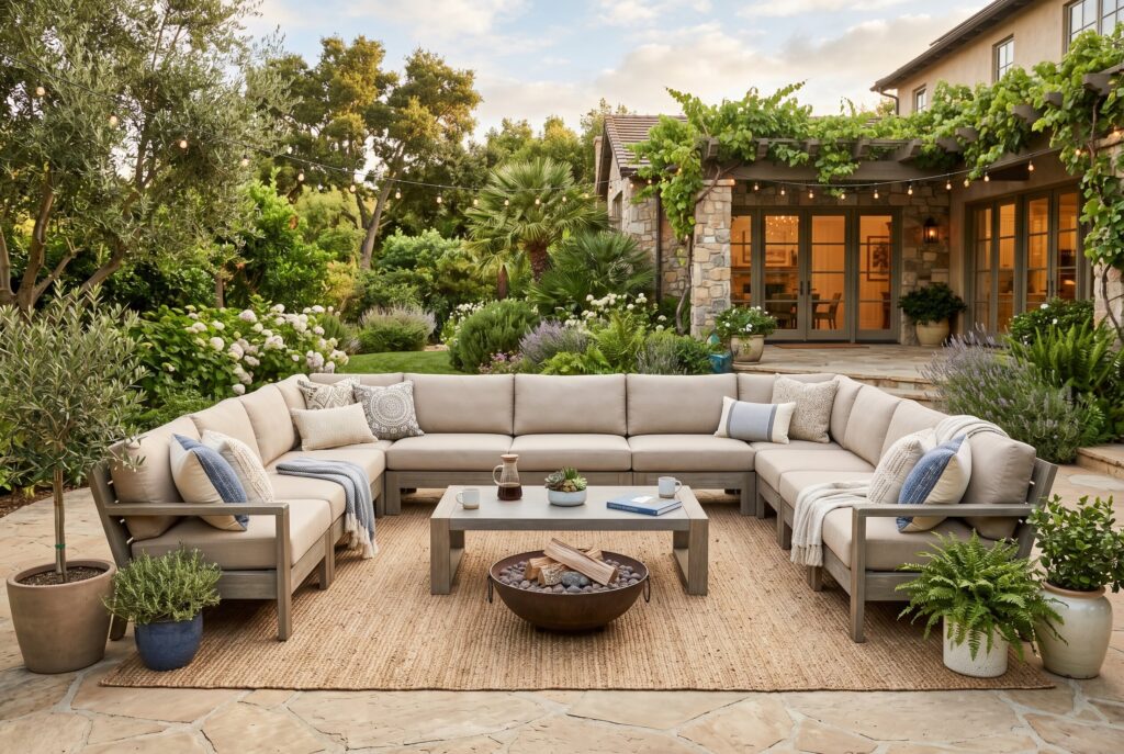 U shaped sectional patio lounge surrounding fire pit in luxury backyard design.