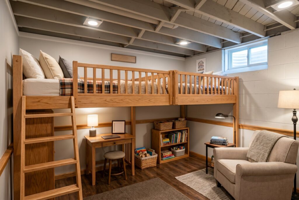Multi generational loft bed setup with study nook and seating area beneath.