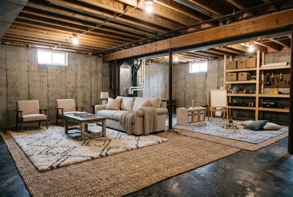 Oversized layered area rugs defining lounge zone in unfinished basement layout.