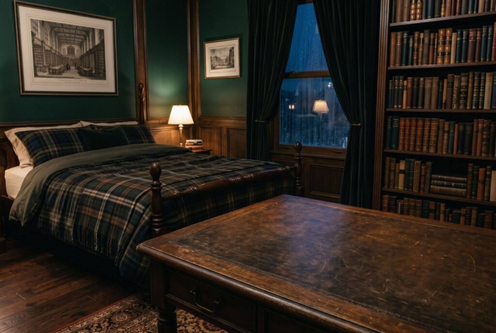 Intellectual centerpiece bedroom with antique globe, bookshelves, and moody green walls. 