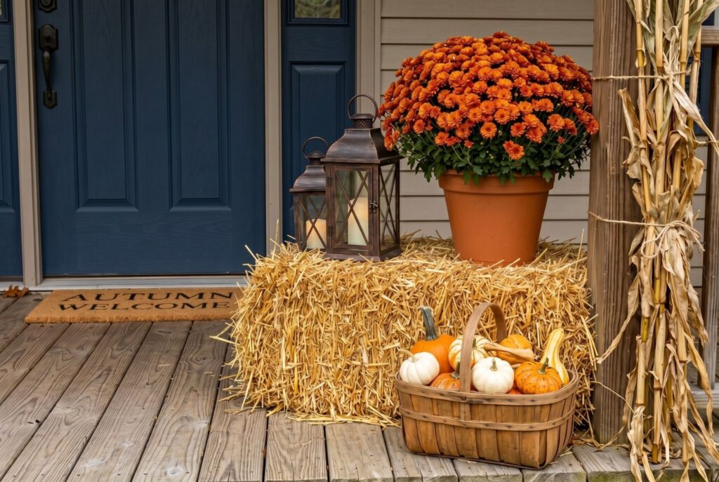 Straw bale riser with mums, lantern, and pumpkins in harvest porch display.