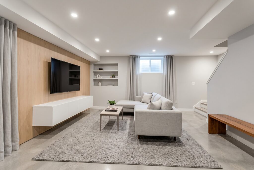 Minimal modern basement with floating media cabinet, pale neutrals, and recessed lighting.