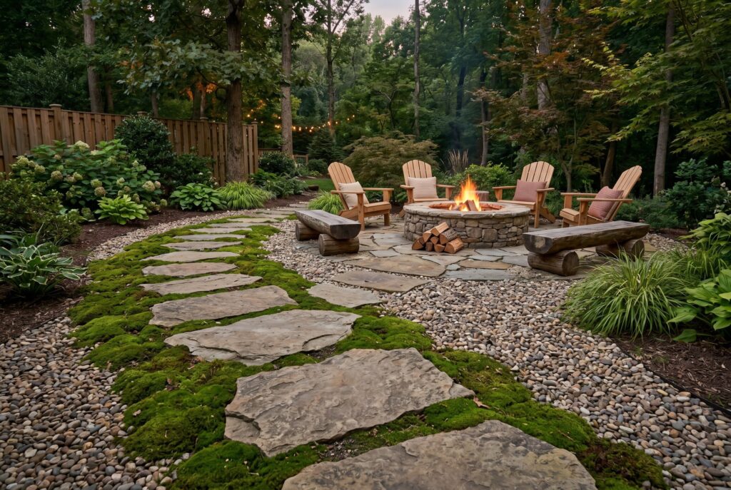 Oversized stepping stone pathway leading to backyard fire pit and gravel seating area.