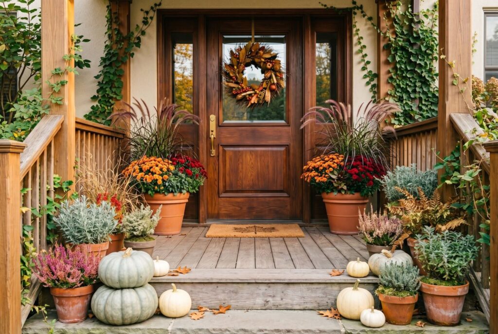 Jarrahdale and Fairytale heirloom pumpkins with mums and neutral fall porch decor.