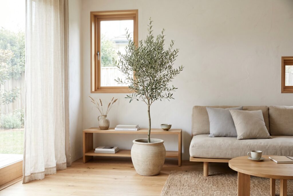 A Japandi living room incorporating greenery with restraint, highlighting a single potted olive tree next to a low beige sofa and a wooden bench.