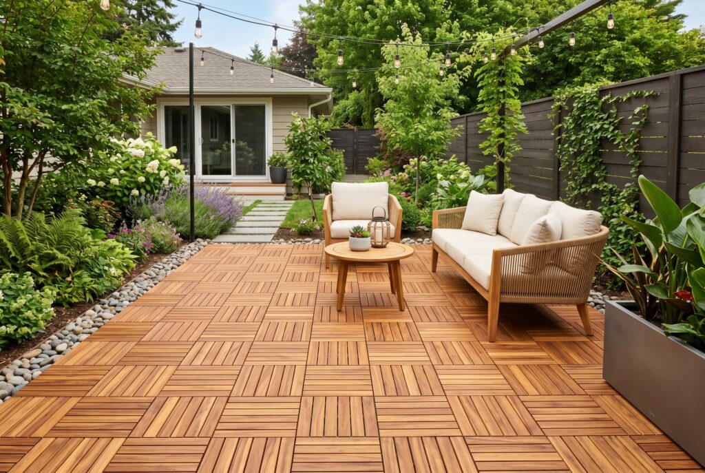 Interlocking acacia wood deck tiles covering patio with modern outdoor furniture.