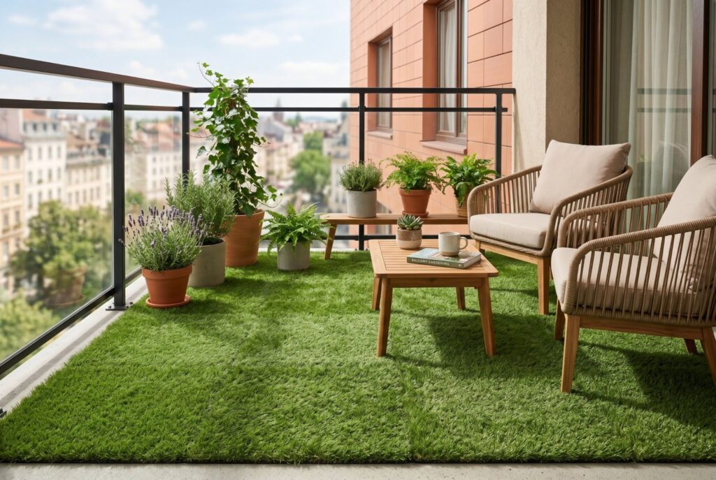 Faux grass balcony flooring with outdoor seating and container garden plants. 