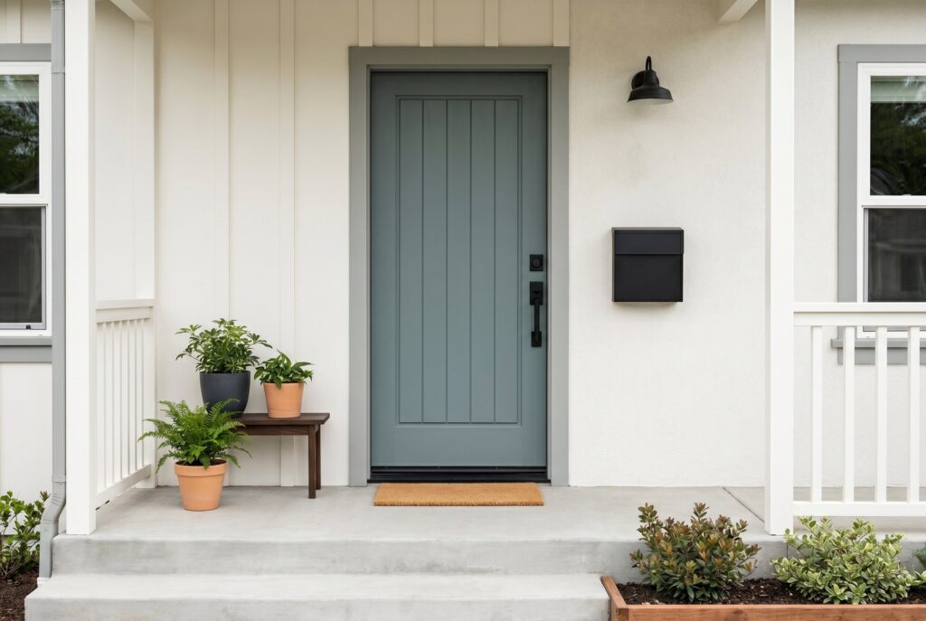 Matte black hardware, modern house numbers, and minimalist front porch entry styling.