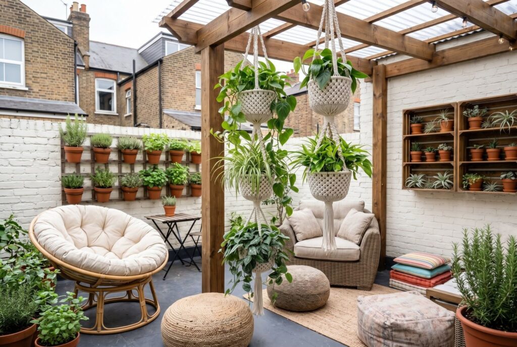 Macrame hanging baskets with trailing plants above cozy small patio lounge seating. 