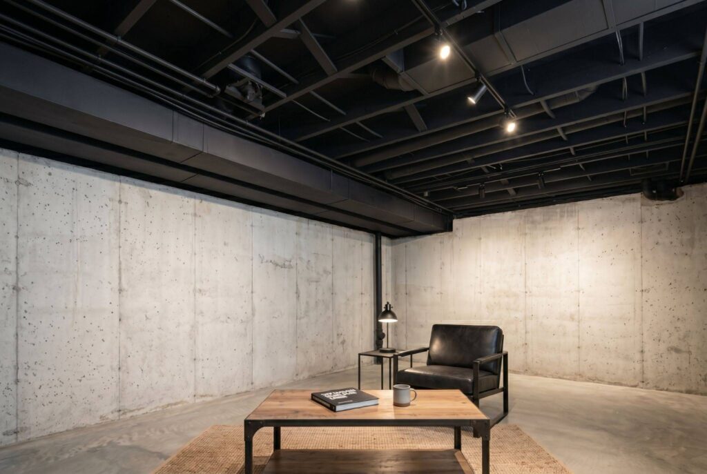Matte black exposed basement ceiling with industrial lounge furniture and concrete walls.