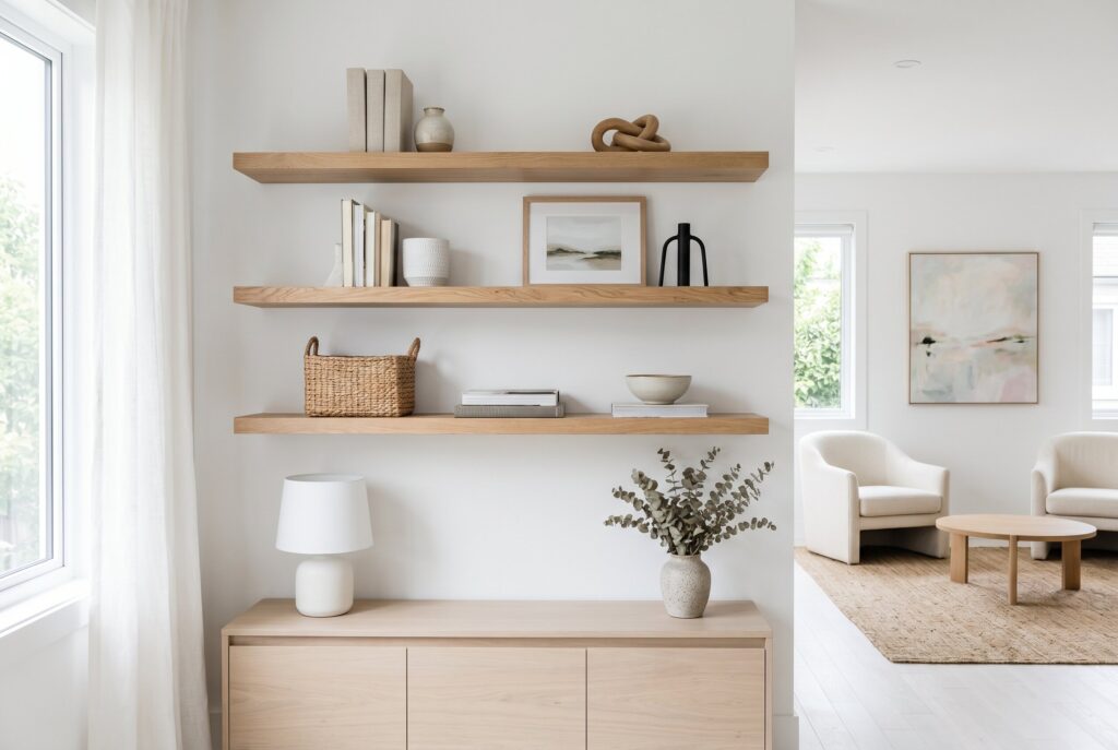 Layered neutral rugs beneath white seating and a wood coffee table in a bright living room.
