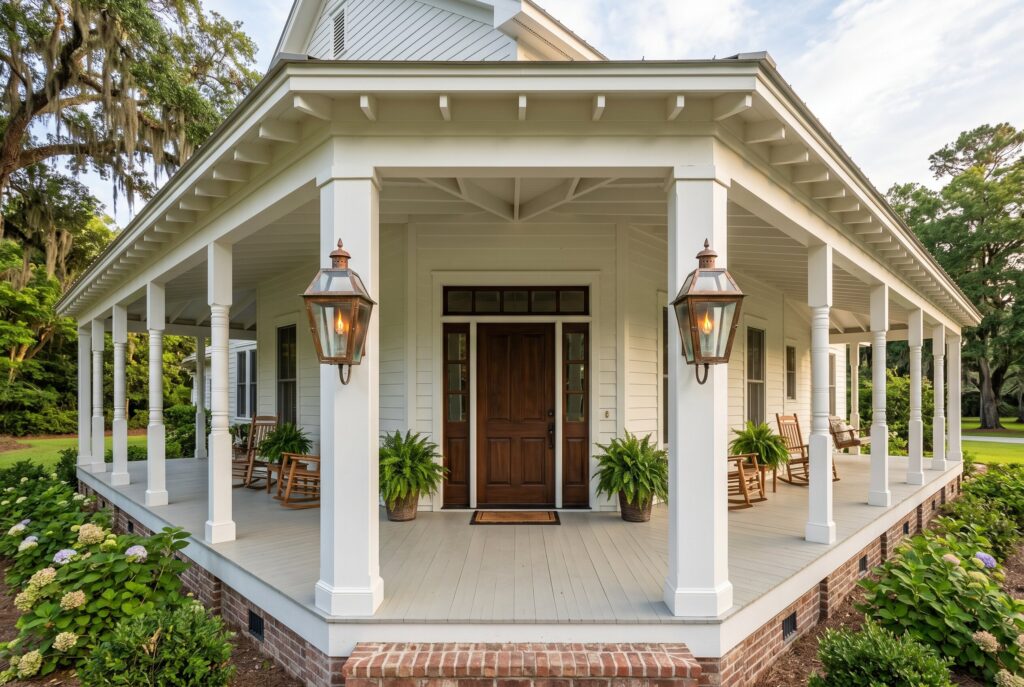 Symmetrical copper gas lanterns framing front door on traditional wrap around porch. 