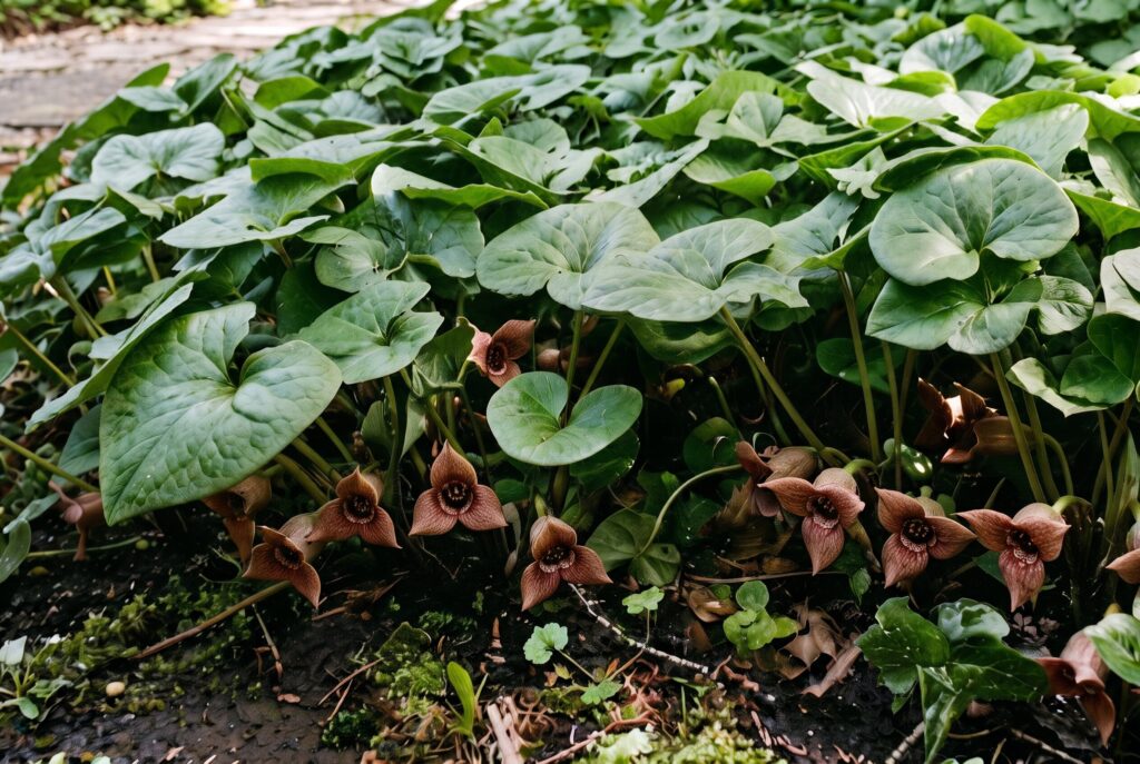 Shade-loving wild ginger creating a dense, elegant woodland carpet of lush, heart-shaped green leaves beneath landscape trees.