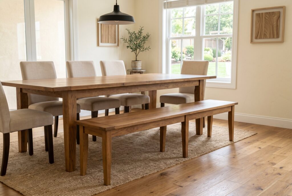 Farmhouse dining bench paired with wood table and upholstered chairs.