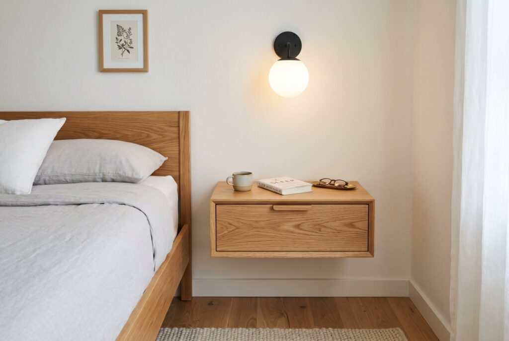 Floating oak nightstand with wall sconce in modern minimalist bedroom.