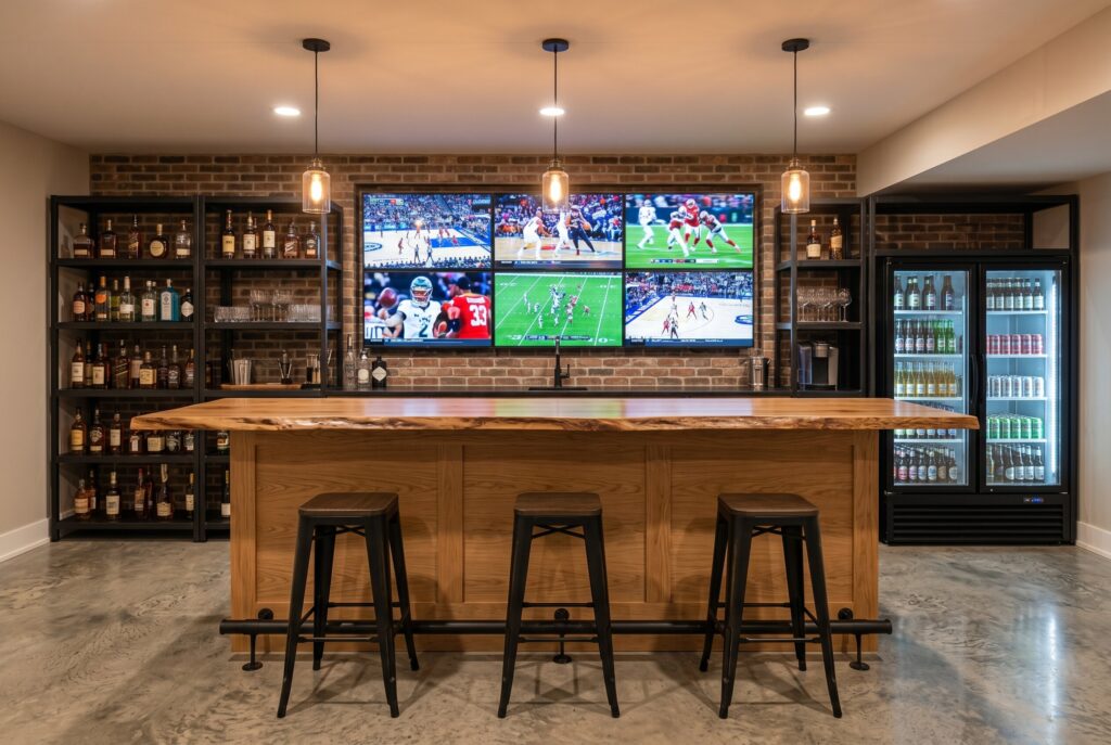 A modern farmhouse sports bar featuring a live-edge wooden counter, three black metal barstools, and a video wall displaying multiple sports games against a brick backdrop.
