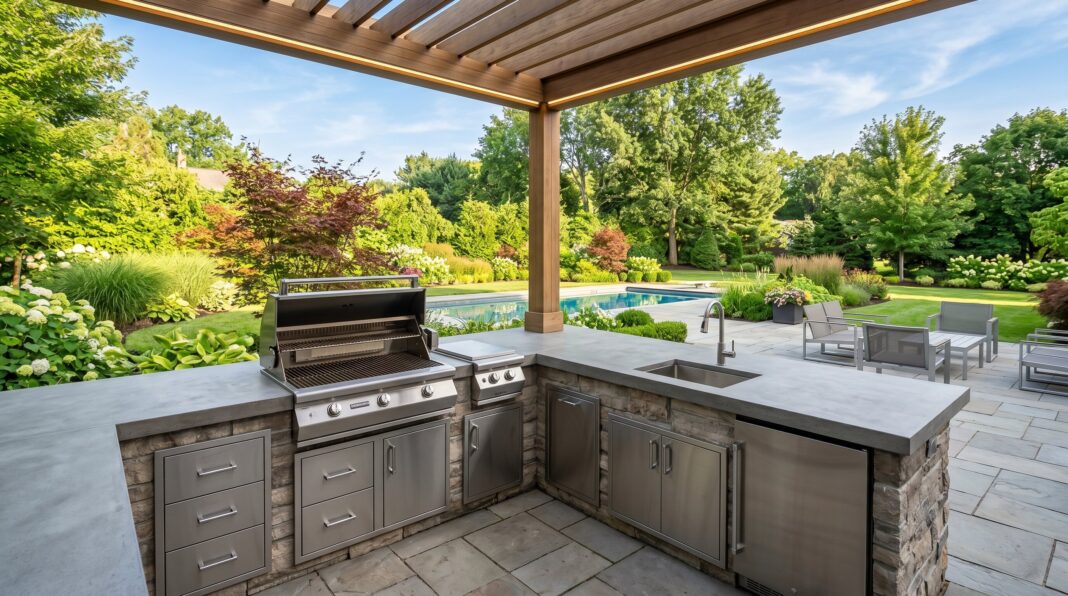 Covered outdoor kitchen with stone counters, built in grill, and expansive backyard views.