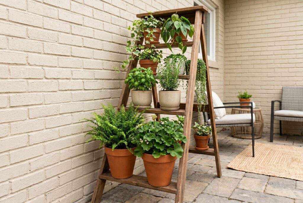 Ladder style plant stand displaying potted greenery against small patio wall. 