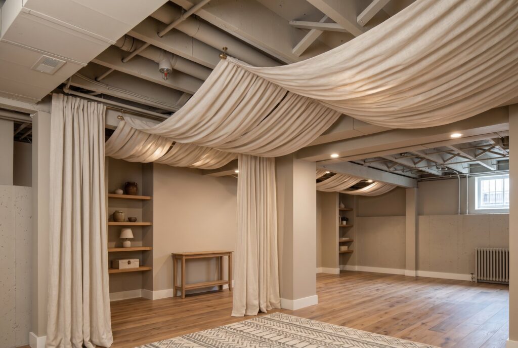 Draped fabric canopy ceiling treatment softening exposed basement pipes and beams.