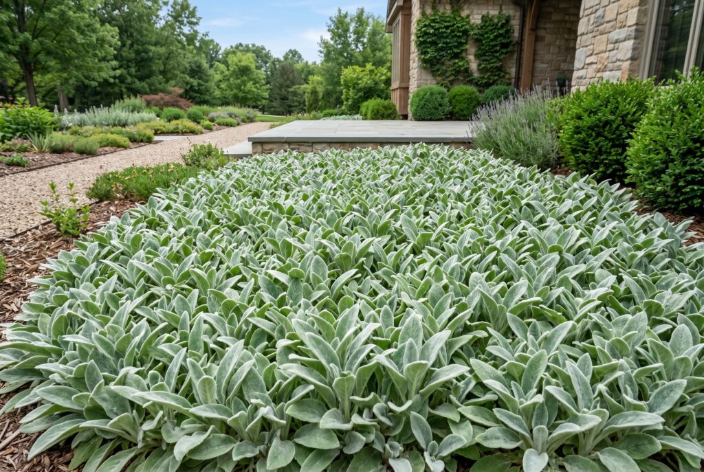 A dense mat of lamb's ear showing soft, fuzzy silver leaves covering the soil.