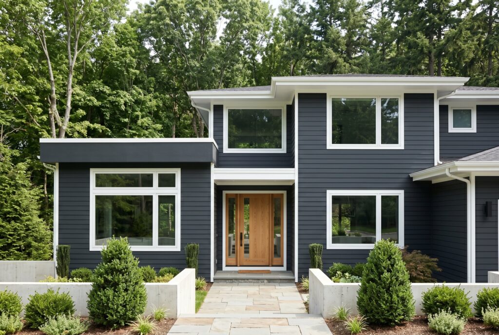 Benjamin Moore Nightfall exterior with white trim, oak front door, and modern wooded setting.