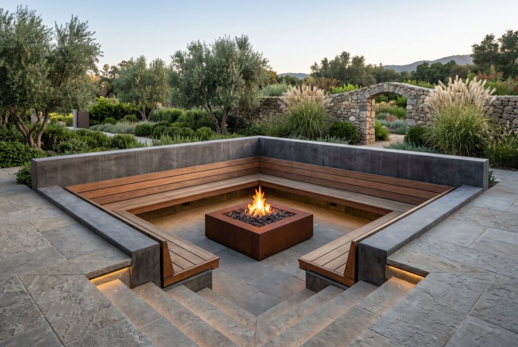 Deep sunken conversation pit with built in seating and square fire pit centerpiece.