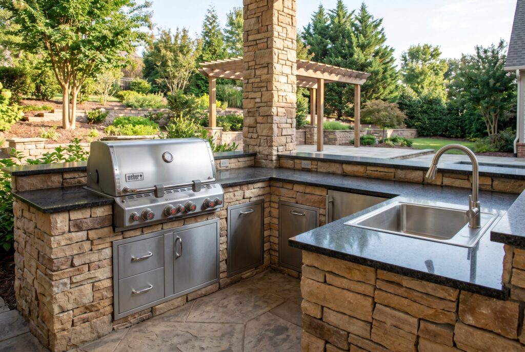 L shaped outdoor grill station with integrated sink, stone cladding, and granite countertops.