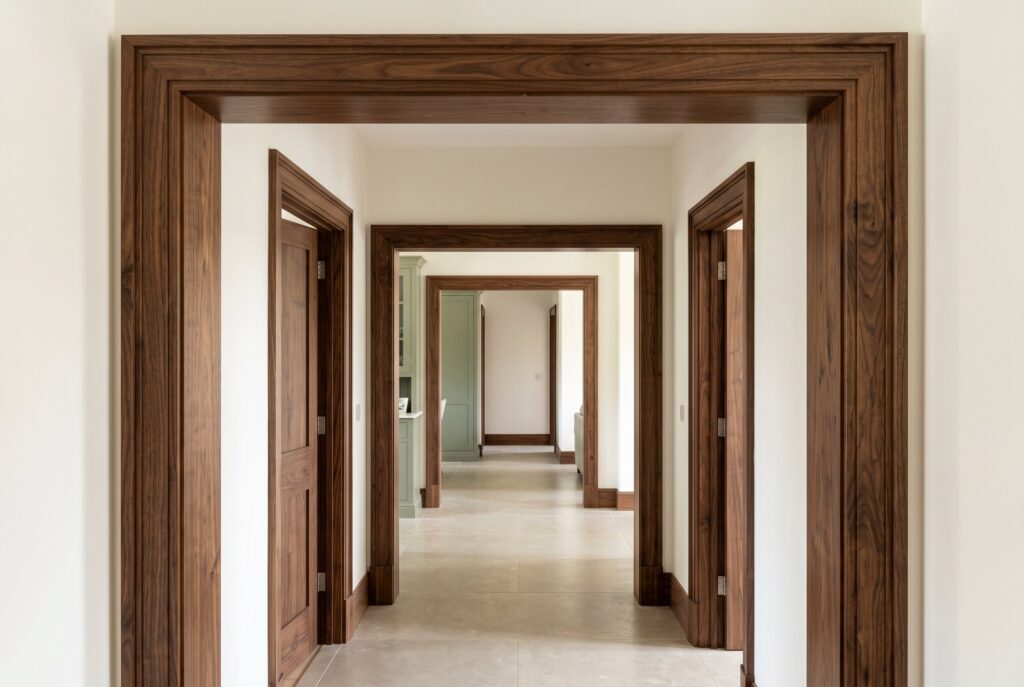 Walnut trimmed doorways creating architectural detail in a warm neutral hallway.