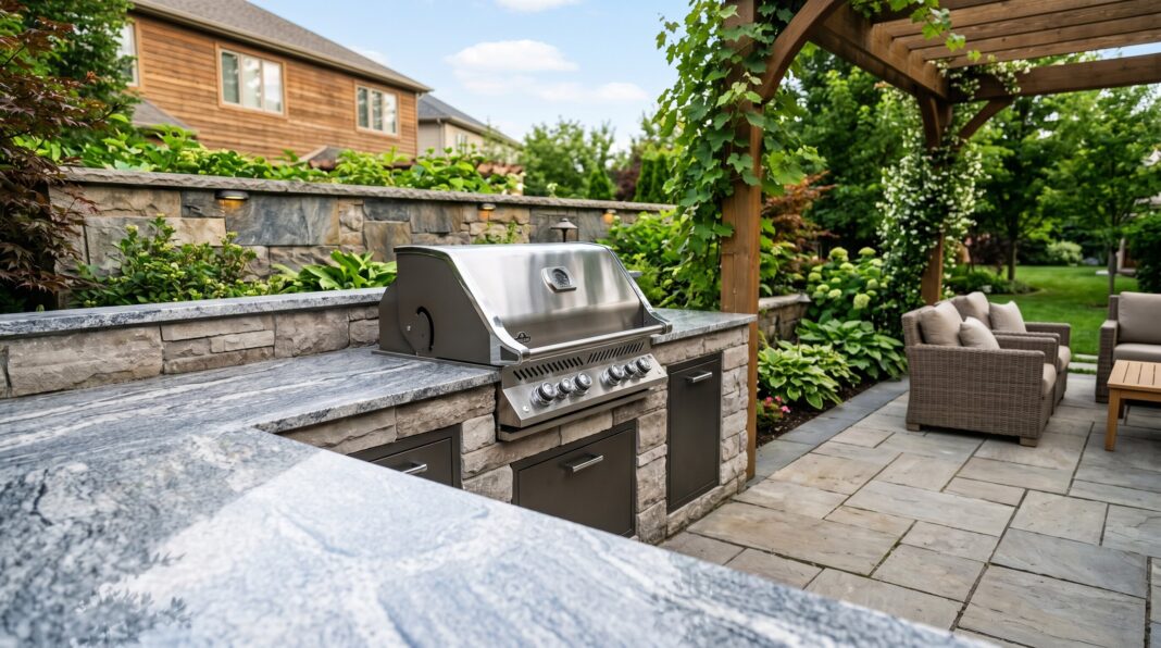 Built in outdoor grill station with stone base, stainless grill, and patio lounge setting.