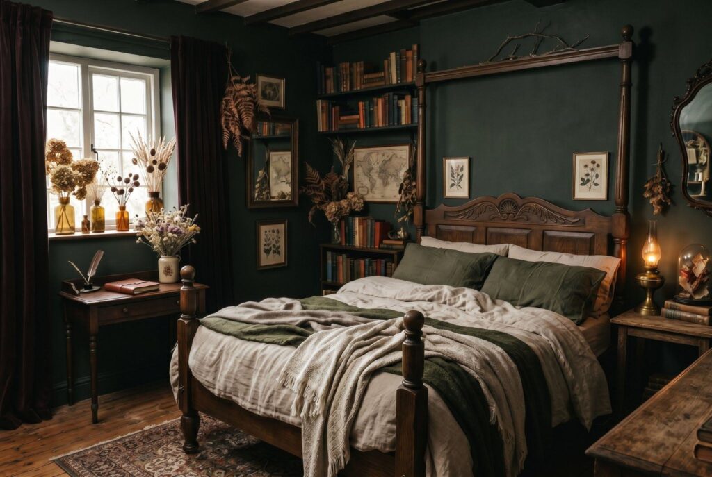 Organic texture in dark academia bedroom with dried flowers, linen bedding, and wood furniture. 