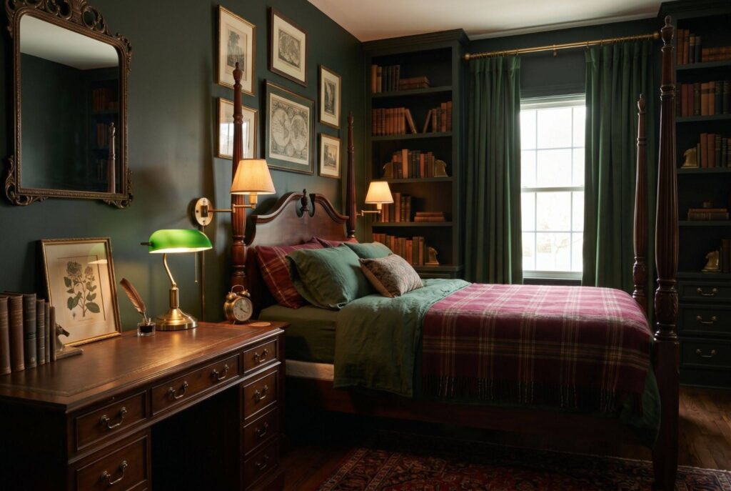 Brass accents in dark academia bedroom with antique mirror and warm bedside lighting. 