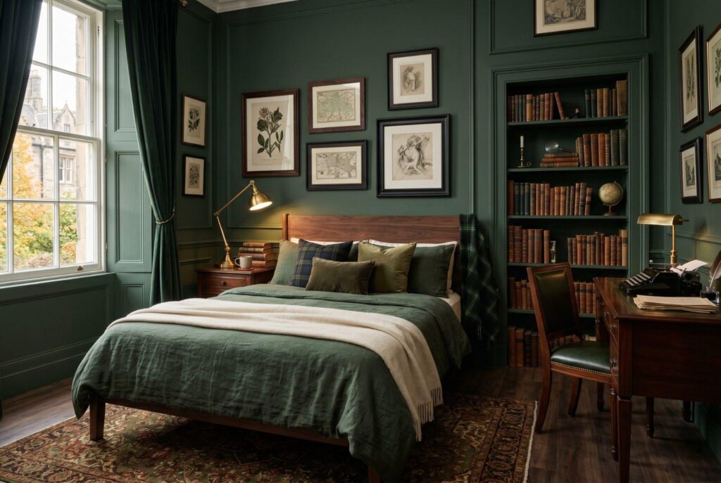 Dark green bedroom with walnut furniture, brass lamp, and built in bookshelves. 