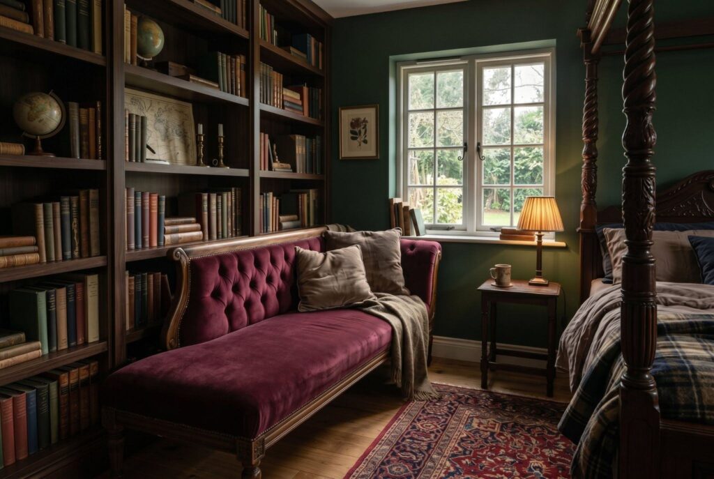 Velvet reading bench beneath window with bookshelves and dark green bedroom walls. 