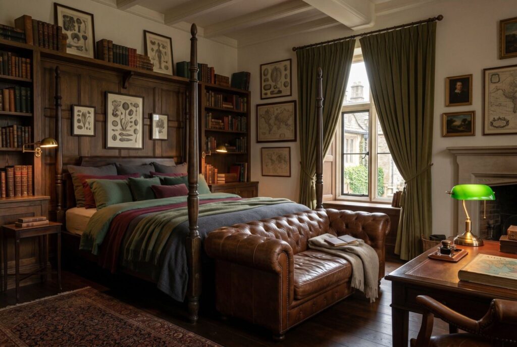 Leather bench and tufted leather bed in masculine dark academia bedroom design. 