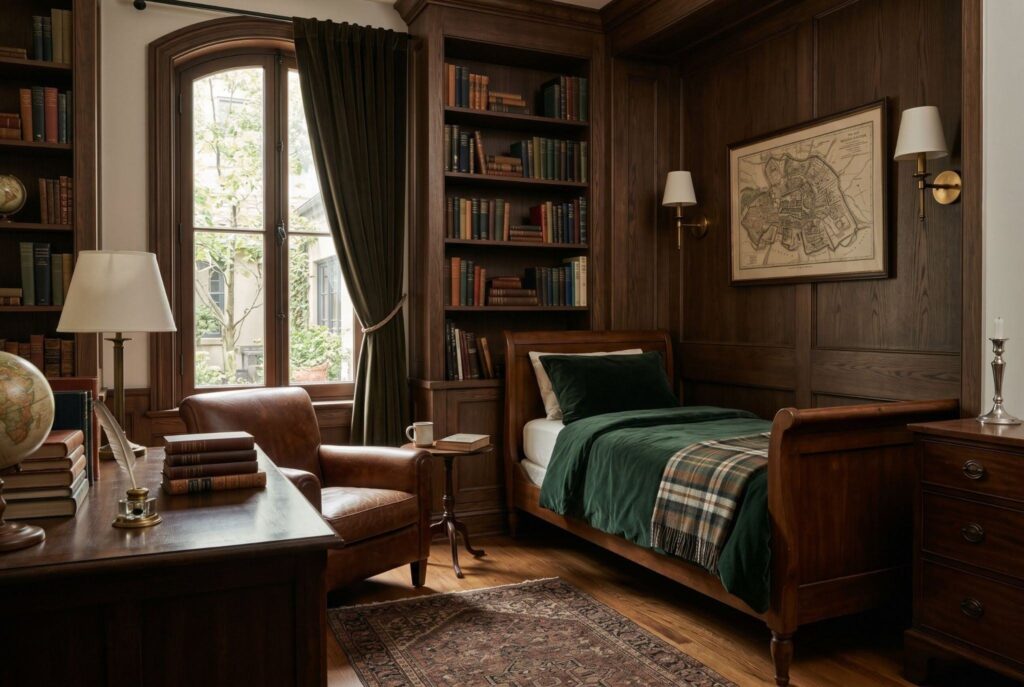 Curated dark academia bedroom with paneled walls, bookshelves, and elegant old world styling. 