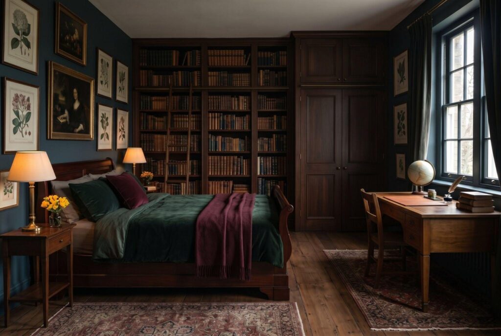 Moody bedroom layout with library wall, writing desk, and uncluttered dark academia design. 