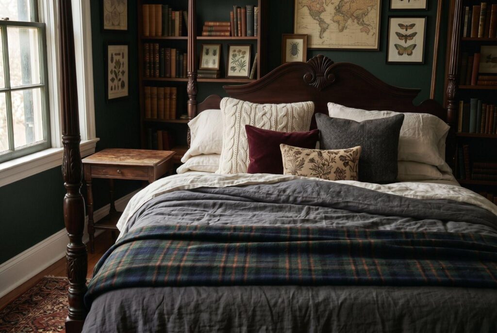 Layered dark academia bedding with plaid blanket, textured pillows, and linen duvet. 
