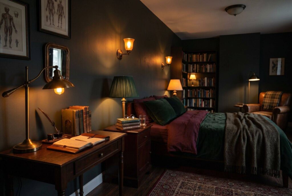 Amber bedside lighting in dark academia bedroom with bookshelves and moody wall colors. 