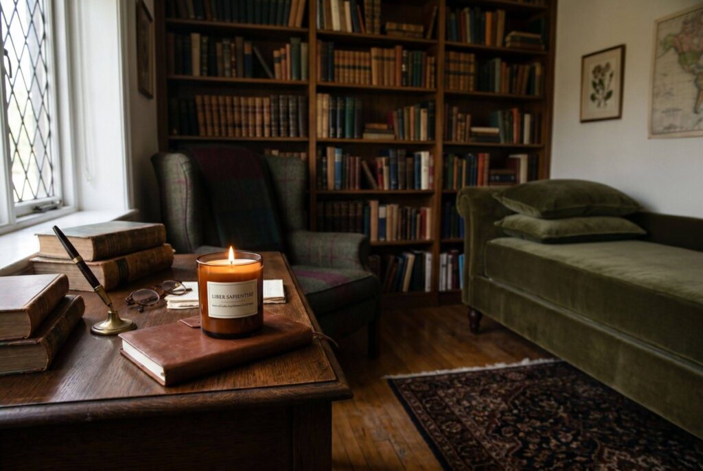 Dark academia reading corner with candle, leather chair, and floor to ceiling bookshelves. 