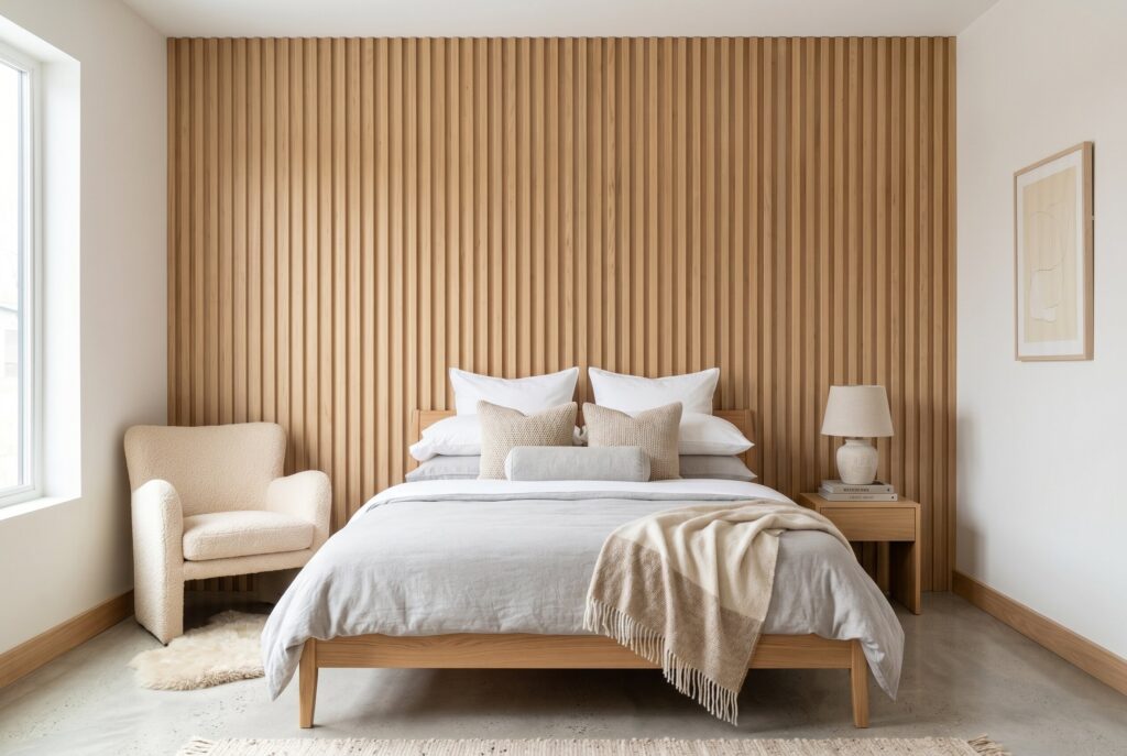 Fluted wood accent wall behind bed with warm oak slats and Japandi bedroom styling.