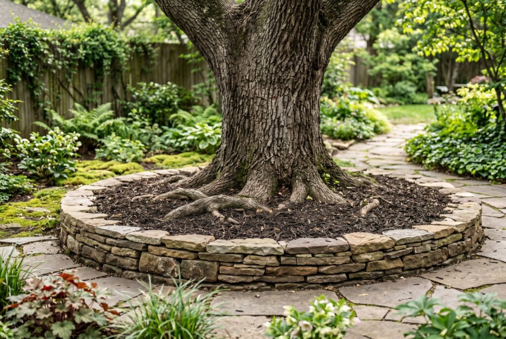 Shallow dry stack stone border around tree with mulch and exposed root flare. 